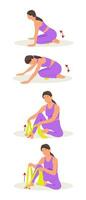 Bein Übungen. ein Frau führt aus Übungen mit ein Nadel Ball und Band zum myofaszial Freisetzung von ihr Beine und Füße. das Ball ist benutzt zu entspannen auslösen Punkte. vektor