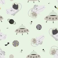 sömlös mönster med olika astronaut katter i hjälmar, rymddräkter spelar bland de stjärnor i Plats. vektor illustration