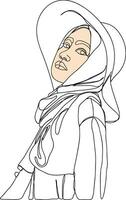 Frauen posieren mit Hut im Linie Kunst Illustration. Hijab Damen Linie Kunst. weiblich Porträt im Kopftuch. Muslim Dame trägt ein Hijab im Linie Kunst Illustration. vektor