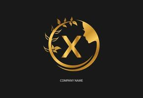 skönhet logotyp första brev x med gyllene stil Färg och blad. naturlig skönhet logotyp mall vektor