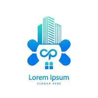 modern cp brev verklig egendom logotyp i linjär stil med enkel tak byggnad vektor