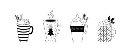 linjär muggar med vinter- varm drycker. doodles. kaffe, choklad, vispad grädde, kakao. jul och ny år koppar. linje konst. färg bok. vektor