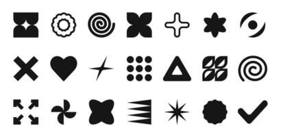 geometrisk former och svart brutalism formulär. modern trendig minimalistisk grundläggande siffror, stjärnor, hjärta, spiral, cirklar och abstrakt siffror, memphis geometrisk design, vektor uppsättning.