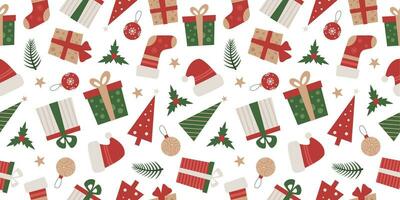 Weihnachten und Neu Jahre Tag nahtlos Muster mit eben Zeichnungen, Symbole von das Winter Feiertage, Verpackung Papier. Vektor Illustration.