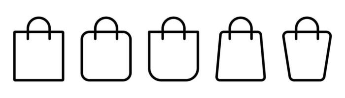 Einkaufen Tasche Symbol Satz. Gliederung Tasche Symbol. Einkaufen Illustration. Paket Symbol im Linie. Geschäft Tasche im Umriss. Lager Vektor Illustration.