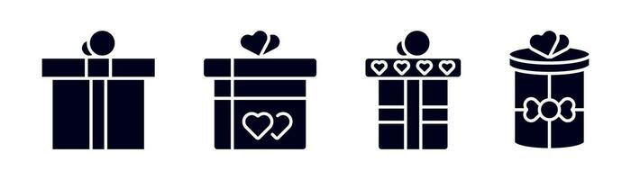 Geschenk Box Symbol Satz. Geschenk Box im Glyphe. Geschenk Paket im Glyphe. Geschenk Symbol mit Herz Form. Valentinsgrüße Tag Geschenk. Lager Vektor Illustration.