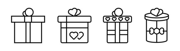 gåva låda ikon uppsättning. närvarande låda i översikt. gåva paket i linje. närvarande symbol med hjärta form. valentines dag gåva. stock vektor illustration.