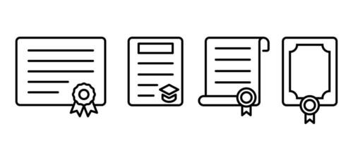 Zertifikat Symbol Satz. Gliederung Diplom Symbol. Leistung Symbol. Zertifikat dokumentieren im Linie. Diplom vergeben im Umriss. Zertifikat Illustration. Lager Vektor