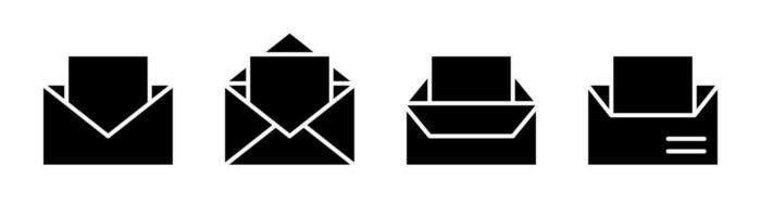 Briefumschlag Symbol Satz. öffnen Mail Symbol im Glyphe. Botschaft Symbol im solide. Mail Briefumschlag im Glyphe. Brief unterzeichnen. öffnen Email Symbol im schwarz. Lager Vektor Illustration