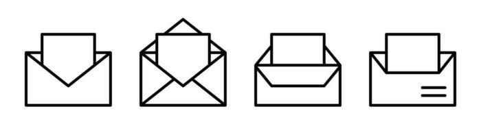 kuvert ikon uppsättning. öppen post ikon i linje. meddelande symbol i översikt. post kuvert i översikt. brev tecken. öppen e-post symbol i linjär. stock vektor illustration