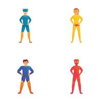 känd superhjälte ikoner uppsättning tecknad serie vektor. olika färgrik superhjälte vektor