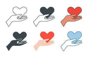 Hand halten Herz Symbol Sammlung mit anders Stile. Gesundheitswesen Hände halten Herz Symbol Symbol Vektor Illustration isoliert auf Weiß Hintergrund
