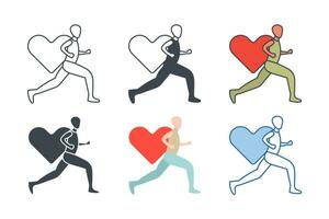 Nächstenliebe Lauf Symbol Sammlung mit anders Stile. Laufen Person mit Herz Symbol Symbol Vektor Illustration isoliert auf Weiß Hintergrund