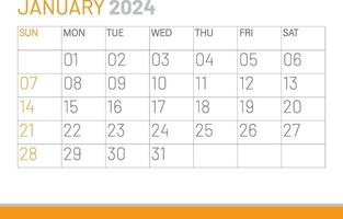 Kalender Januar 2024, korporativ Design Vorlage Vektor. Schreibtisch Kalender 2024 vektor