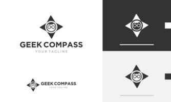 Logo Design Symbol Symbol Geek Gesicht Genius Clever Ort Reise Vision Brille Optik Kompass Route vektor