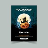 halloween fest inbjudan med Skräck hus full måne fest lura eller behandla flygblad mall vektor illustration för roligt halloween fest inbjudan kort fri vektor