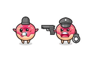 Illustration eines Donut-Räubers mit erhobenen Händen, der von der Polizei erwischt wurde vektor