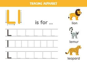 Rückverfolgung alle Briefe von Englisch Alphabet. Vorschule Aktivität zum Kinder. Schreiben Großbuchstaben und Kleinbuchstaben Brief l. druckbar Arbeitsblatt. süß Illustration von Löwe, Leopard, Lemur. vektor