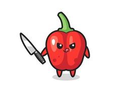 süßes rotes Paprika-Maskottchen als Psychopath, der ein Messer hält vektor