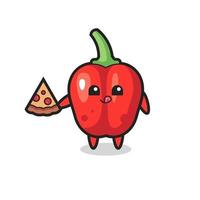 süße rote Paprika-Karikatur, die Pizza isst vektor