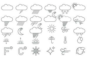 Sammlung von meteorologisch Symbole oder Symbole zum Wetter Prognose - - Sonne, Wolken, Wind, Regen, Schnee, Luft Temperatur gezeichnet mit Kontur Linien auf Weiß Hintergrund. vektor