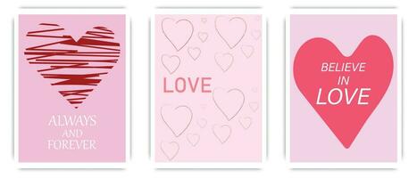 einstellen von Designer Karten zum Valentinsgrüße Tag. Poster mit gezeichnet Herzen, Gekritzel Stil Herz und Beschriftung. Vektor Illustration.