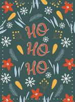 vykort med text hej, ho, ho med glad jul dekorationer och typografi design. vektor