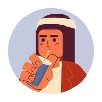 modern Saudi Kerl Trinken durch Stroh 2d Vektor Benutzerbild Illustration. halten Kaffee Mann tragen kaffiyeh Karikatur Charakter Gesicht. Smoothie Mann arabisch eben Farbe Benutzer Profil Bild isoliert auf Weiß