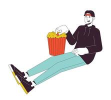 Koreanisch jung Erwachsene Mann nehmen Popcorn von Eimer 2d linear Karikatur Charakter. asiatisch Junge greifen Popcorn isoliert Linie Vektor Person Weiß Hintergrund. Film Nacht Zuhause Farbe eben Stelle Illustration