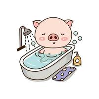 Süßes Schwein Takea Bad in der Badewanne. Süße Zeichentrickfigur. vektor
