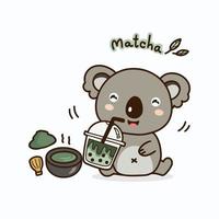 söt koala som dricker macha grönt te. gullig seriefigur. vektor