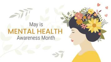 baner för mental hälsa medvetenhet månad i Maj. flicka med löv på en ljus bakgrund vektor