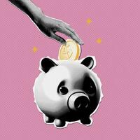Hand Putten Münze in das Schweinchen Bank. retro Halbton Collage . Vektor Illustration Stil ist gepunktet Geld Symbol . gemischt Medien modisch Design.