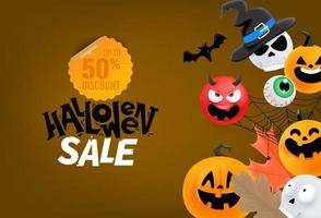 Halloween-Verkaufsbanner. Halloween-Banner mit süßen Charakteren vektor