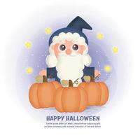 Halloween-Postkarte mit süßer Hexe und Kürbissen. vektor