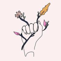 kontinuerlig rad kvinnliga händer som håller blommor, grenar vektor