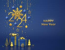 glücklich Neu Jahr 2024. hängend golden metallisch Zahlen 2024 mit Schneeflocke, Sterne und Bälle auf Blau Hintergrund. Geschenk Kisten und golden metallisch Kiefer oder Tanne, Kegel gestalten Fichte Bäume. Vektor Illustration.