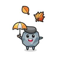 Cartoon des süßen Steins, der im Herbst einen Regenschirm hält vektor
