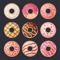 Satz von 9 bunten Donuts der Karikatur auf Schwarzem vektor