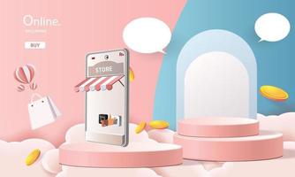 Online-Shopping Telefon Podium Papierkunst rosa Hintergrund vektor