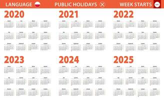 2020-2025 år kalender i putsa språk, vecka börjar från söndag. vektor