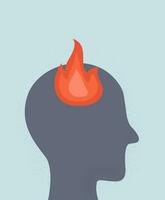 brinnande hjärna eller professionell eller emotionell utbrändhet. brinnande mänsklig huvud silhuett. vektor