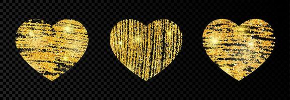 einstellen von drei Herz mit golden glänzend kritzeln Farbe auf dunkel Hintergrund. Hintergrund mit Gold funkelt und funkeln Wirkung. leeren Raum zum Ihre Text. Vektor Illustration