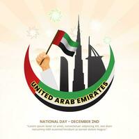 Platz vereinigt arabisch Emirate National Tag Hintergrund mit ein Hand und winken Flagge vektor