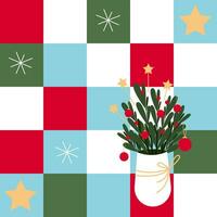 jul och ny år Semester täcke vektor sömlös bakgrund, patchwork mönster med enkel former, festlig bukett i en vas, stjärnor, dekoration och snöflingor.