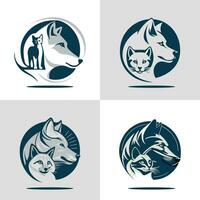 vier anders Hund und Katze Logos, Wolf Kopf Vektor Illustration. Wolf Katze Jahrgang Logo Lager Vektor, Gruppe von Wolf und Katze Logo Design mit aussehen Weiterleitung