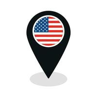 Amerika flagga på Karta precisera ikon isolerat. USA flagga på svart Karta stift vektor