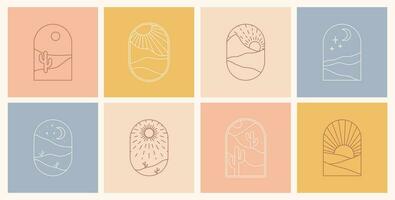 Boho Logo Wüste mit Kaktus, Berge, sandig, Sonne und Mond. abstrakt Design Vorlagen. Vektor Bohemien groß einstellen im modisch Liner Stil