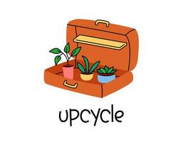 Upcycling Vektor Illustration. Koffer mit eingetopft Haus Pflanzen. Wiederverwendung und upcycle Dinge Konzept. nachhaltig Leben