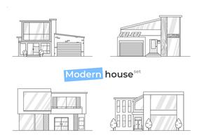 Moderne stilvolle Häuser in Linie Kunstikonen. Konzept des Entwurfes zu Hause mit Beschaffenheitsziegelsteinen und Holz und Fliesen. Flache Vektorillustration vektor